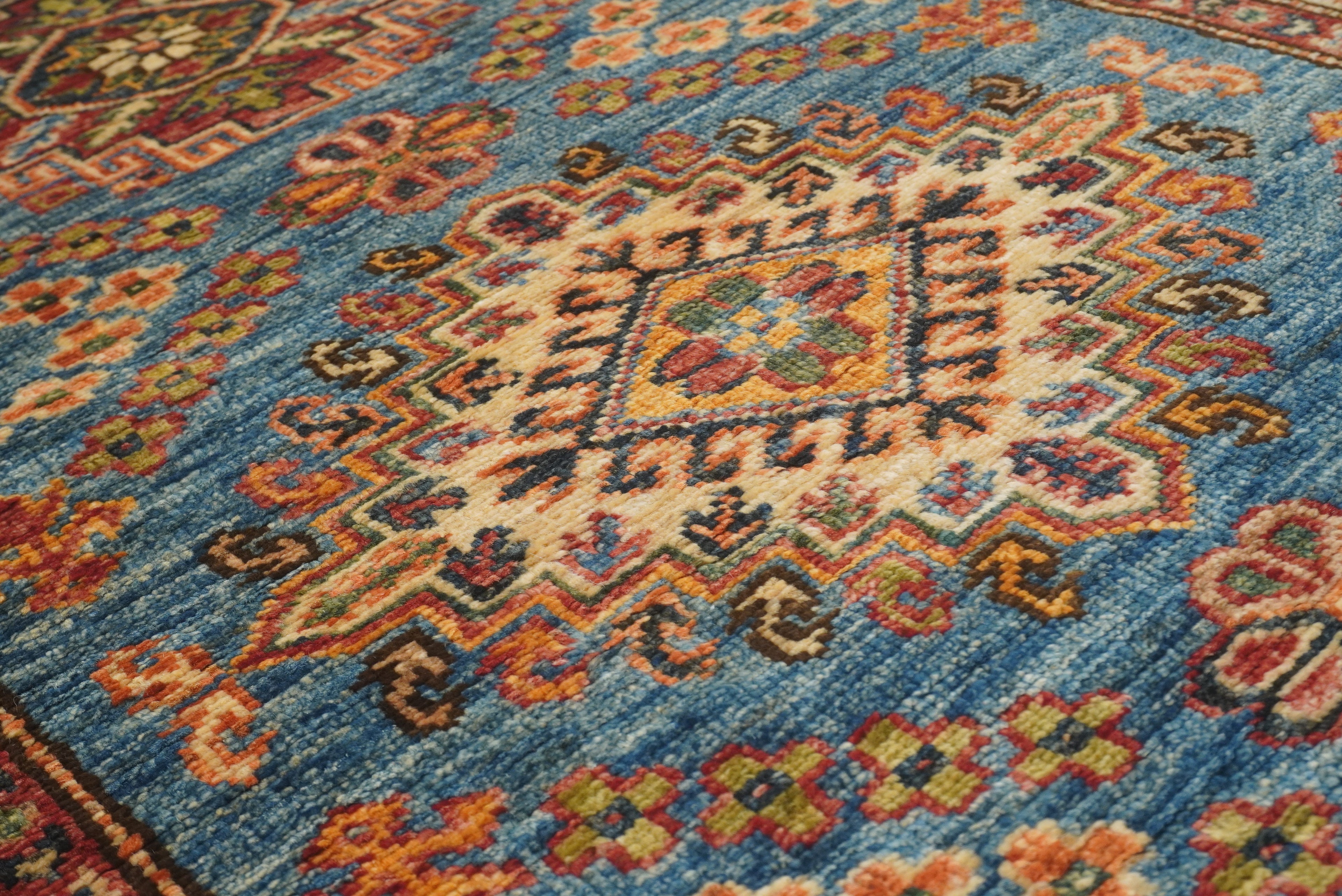 10 ft Kazak Blue Afghan Hand Knotted Runner Rug - Yildiz Rugs