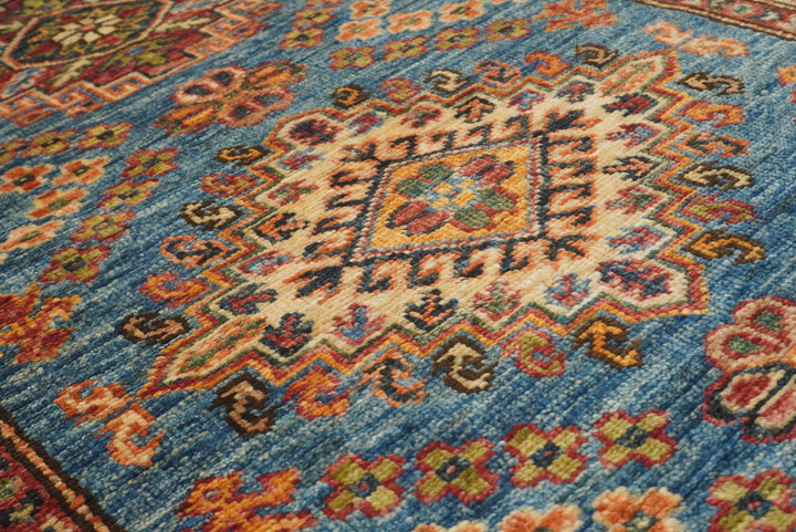 10 ft Kazak Blue Afghan Hand Knotted Runner Rug - Yildiz Rugs