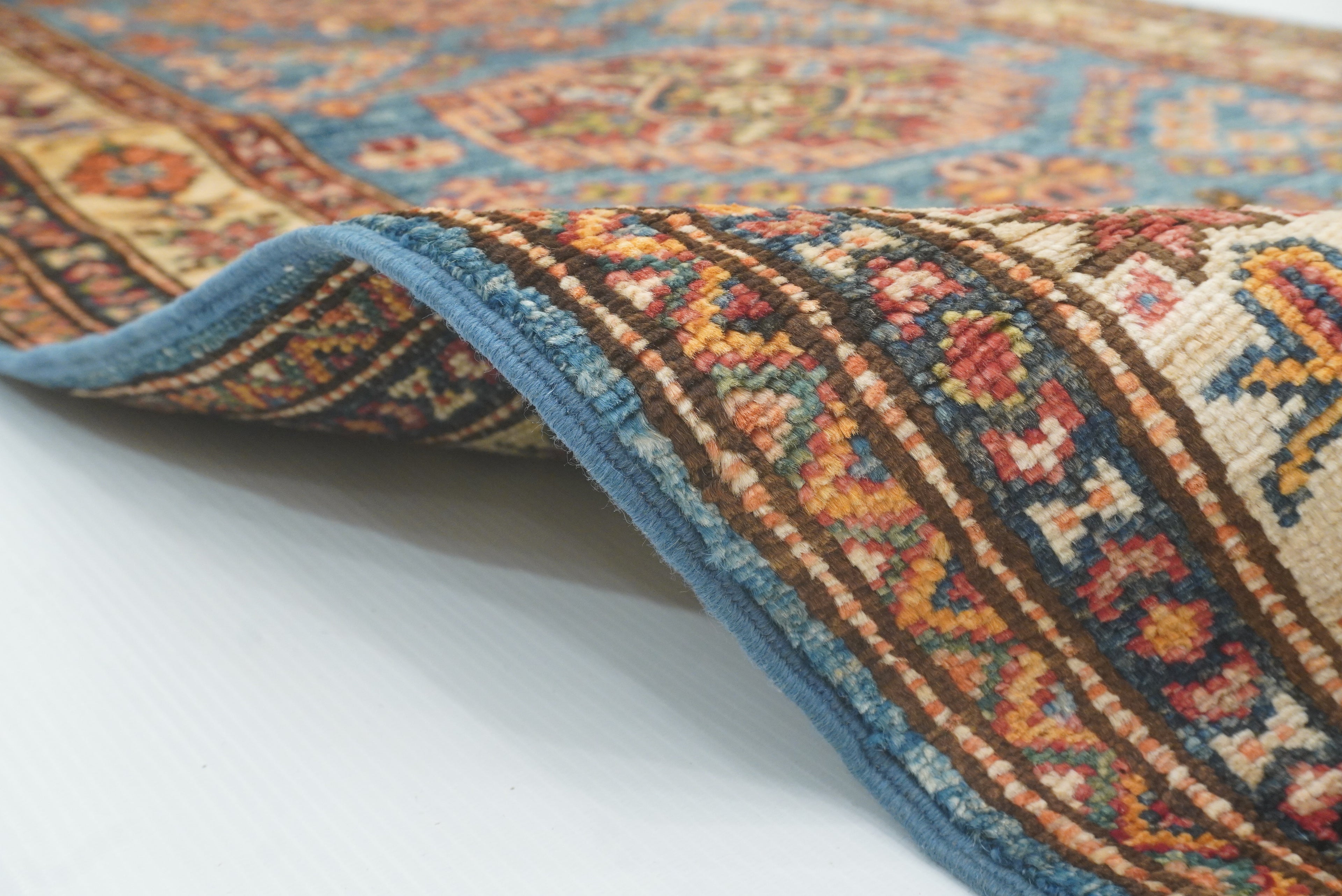 10 ft Kazak Blue Afghan Hand Knotted Runner Rug - Yildiz Rugs