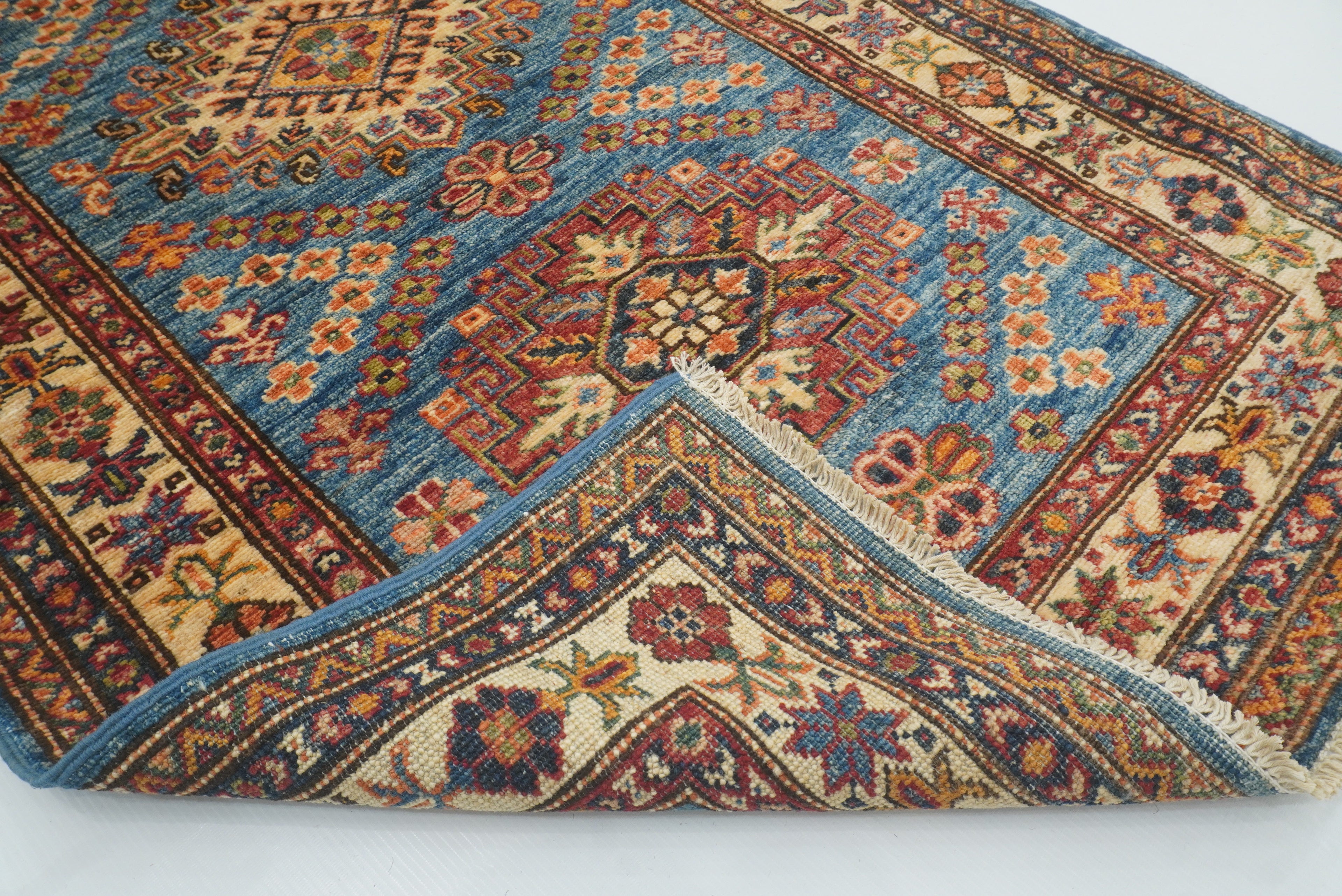 10 ft Kazak Blue Afghan Hand Knotted Runner Rug - Yildiz Rugs