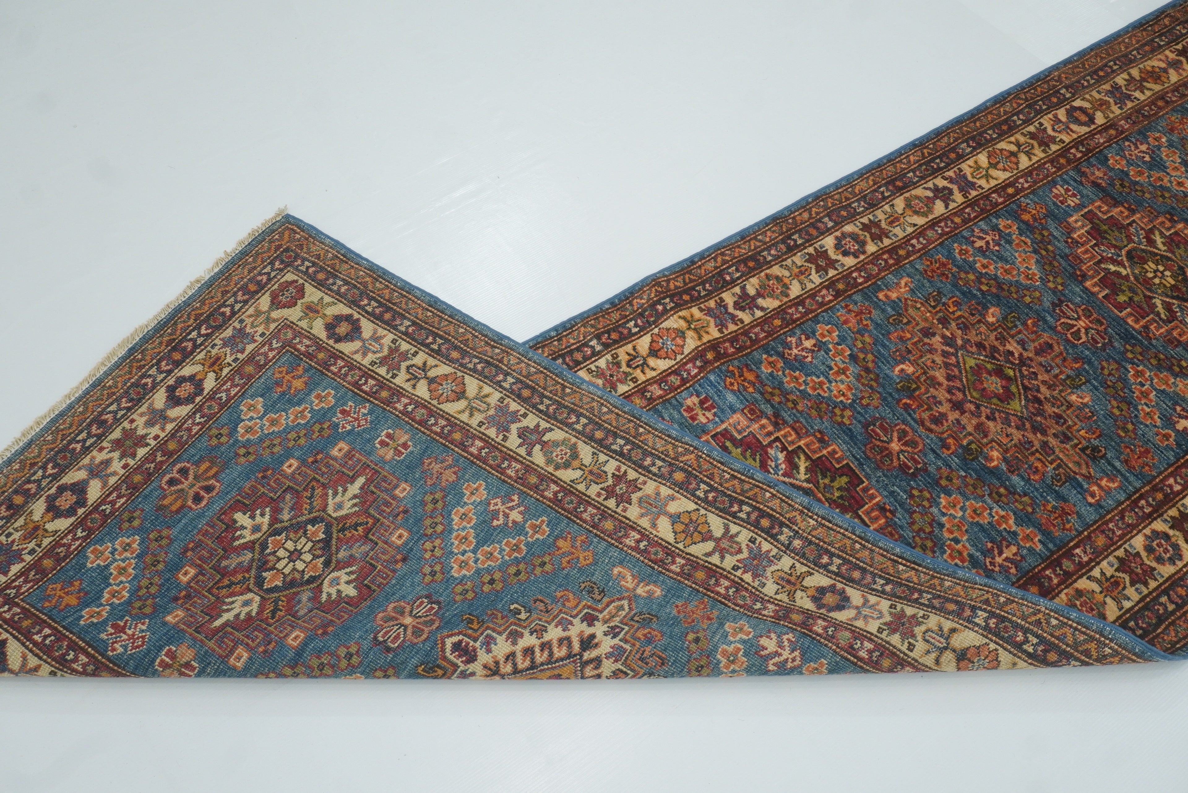 10 ft Kazak Blue Afghan Hand Knotted Runner Rug - Yildiz Rugs