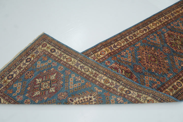 10 ft Kazak Blue Afghan Hand Knotted Runner Rug - Yildiz Rugs