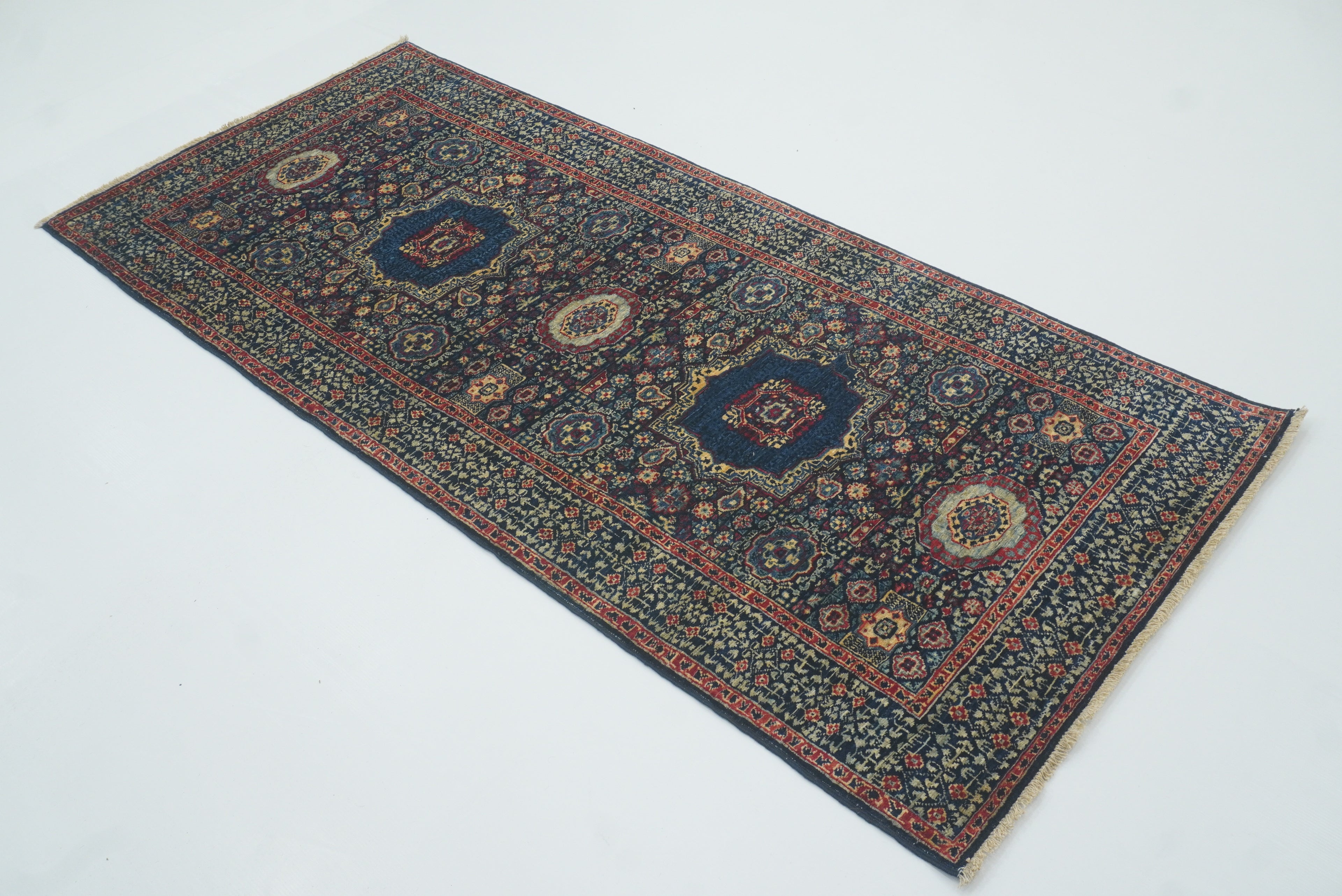 7 ft Mamluk Navy Blue Hand-Knotted Runner Rug - Yildiz Rugs