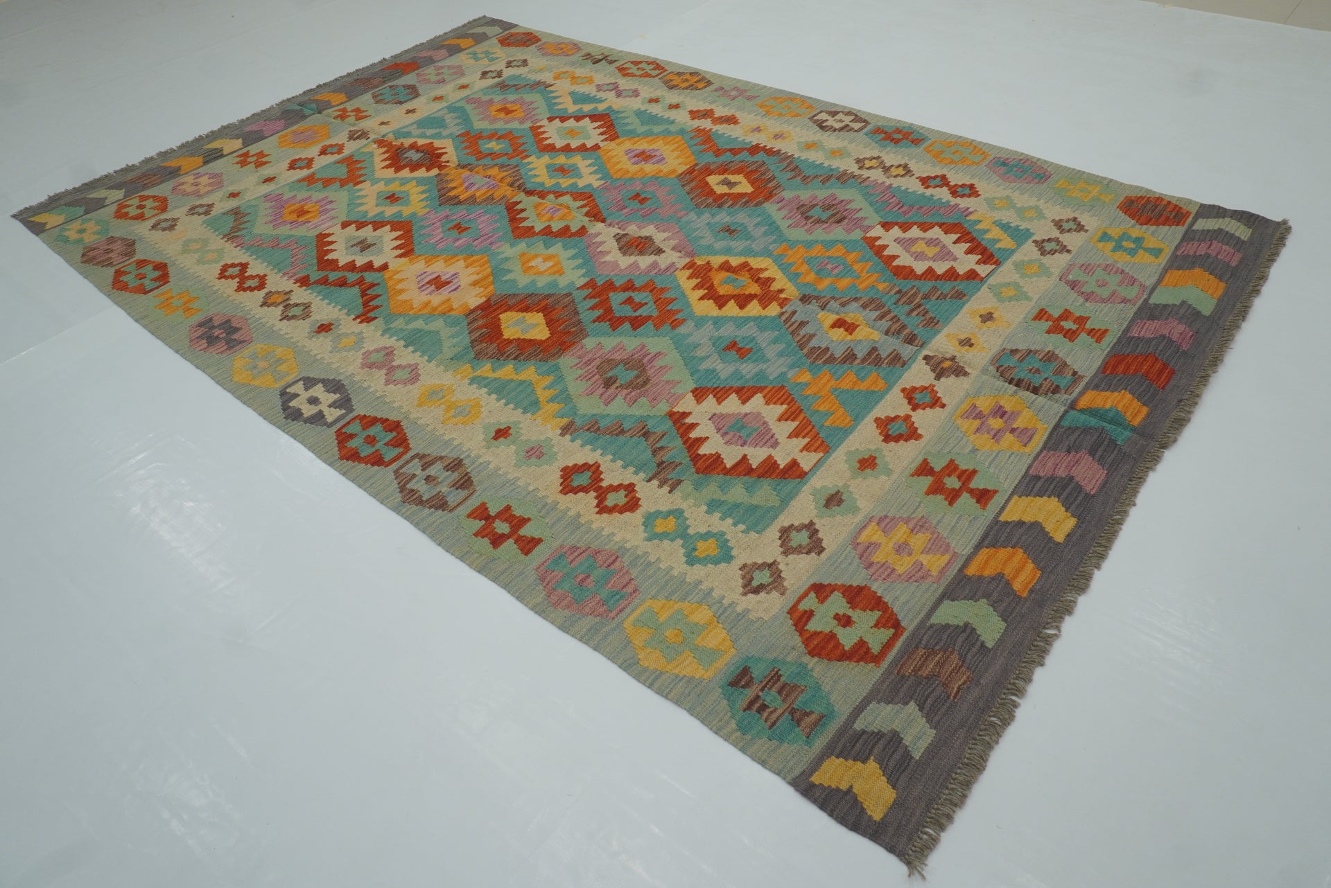 6'8"x9'10" Blue Gray Afghan Handmade Wool Kilim Rug