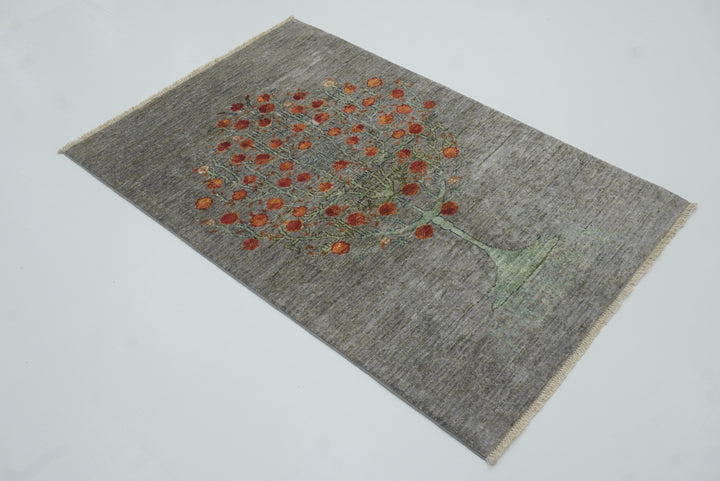 3x4 Tree of Life Blueish Gray Gabbeh Hand Knotted Afghan Rug - Yildiz Rugs