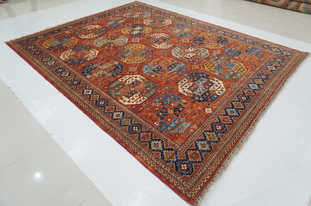 8x10 Red Ersari Afghan hand knotted Geometric Oriental Rug - Yildiz Rugs