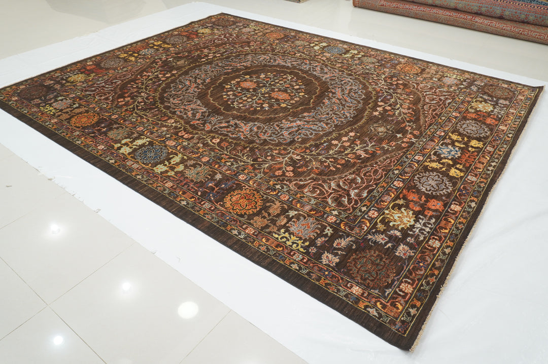 9x12 Brown Hereke Turkish Area Rug - Dark Brown Afghan Hand knotted Veg Dye Wool Oriental Medallion Rug - Rugs for living room - Bedroom rug - Yildiz Rugs