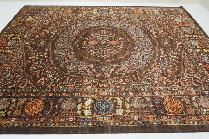 9x12 Brown Hereke Turkish Area Rug - Dark Brown Afghan Hand knotted Veg Dye Wool Oriental Medallion Rug - Rugs for living room - Bedroom rug - Yildiz Rugs