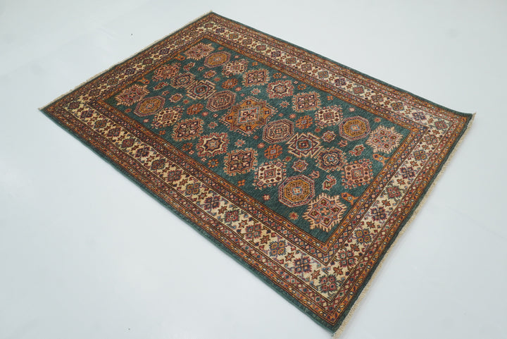 4x6 Green Kazak Hand Knotted Afghan Rug - Yildiz Rugs
