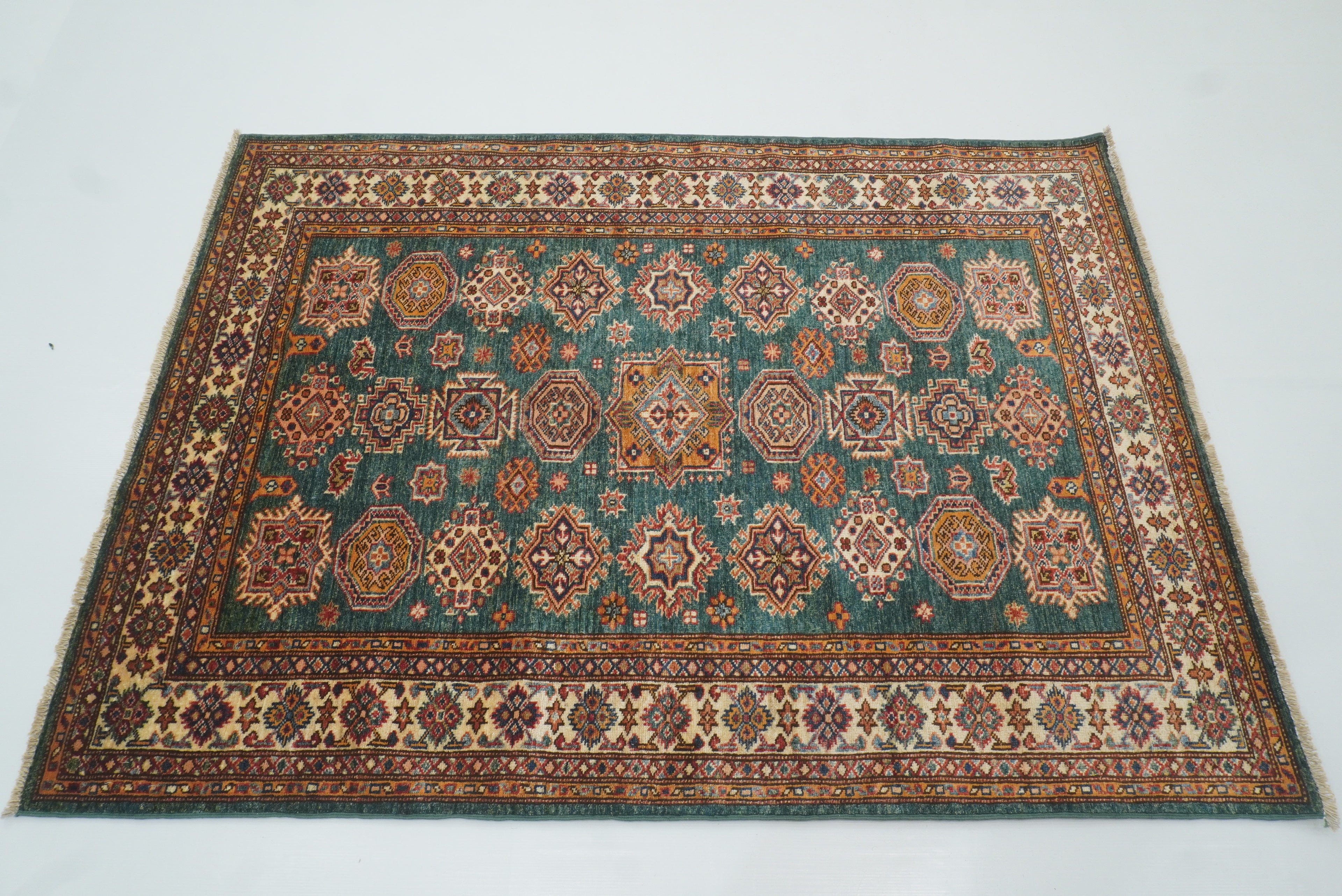 4x6 Green Kazak Hand Knotted Afghan Rug - Yildiz Rugs