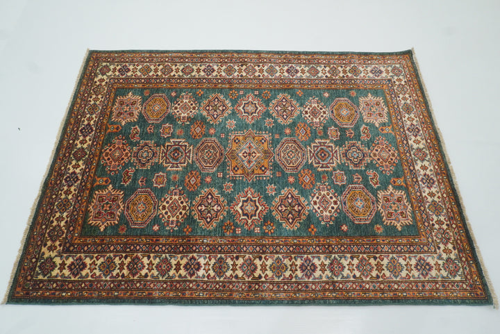 4x6 Green Kazak Hand Knotted Afghan Rug - Yildiz Rugs