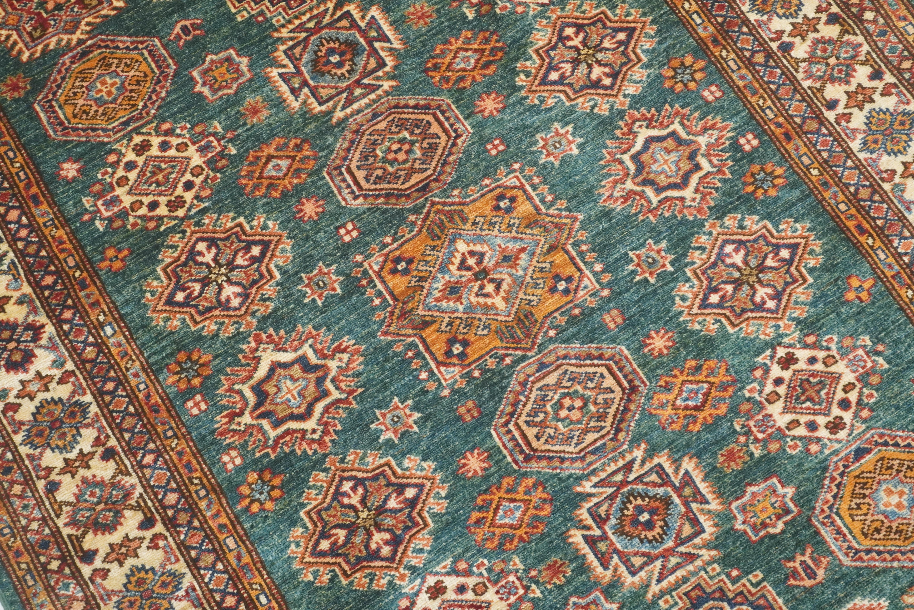 4x6 Green Kazak Hand Knotted Afghan Rug - Yildiz Rugs