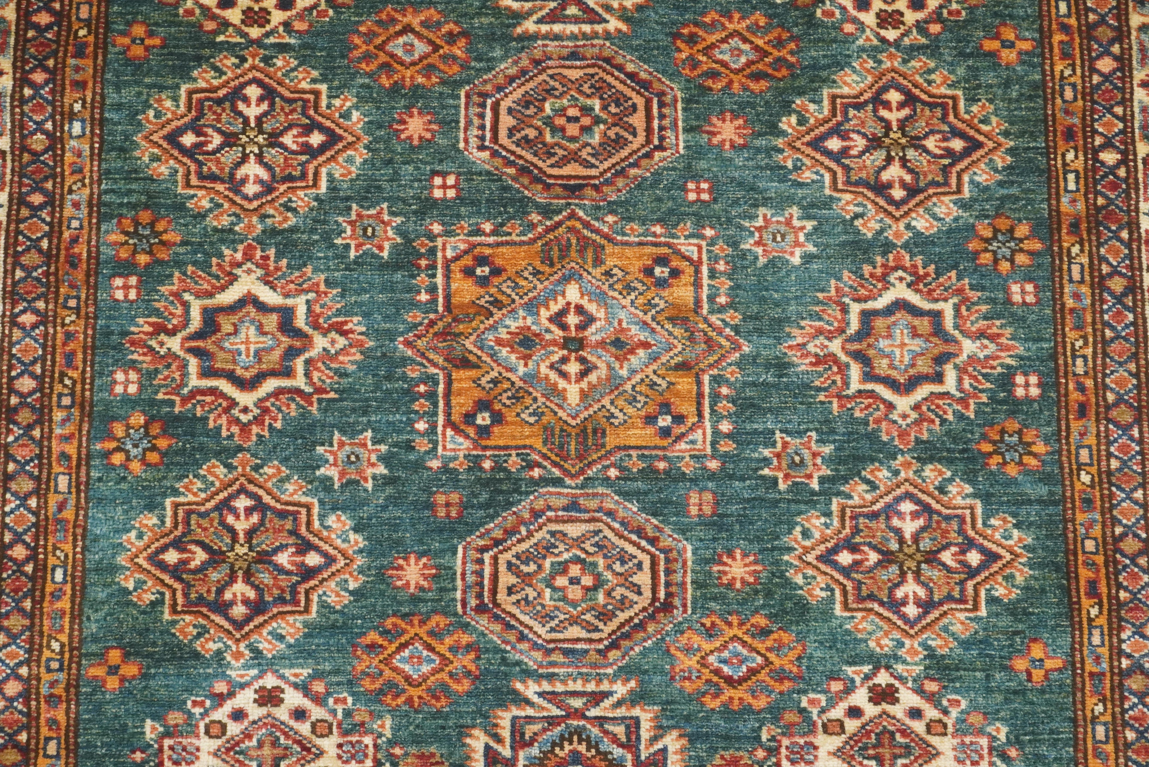 4x6 Green Kazak Hand Knotted Afghan Rug - Yildiz Rugs