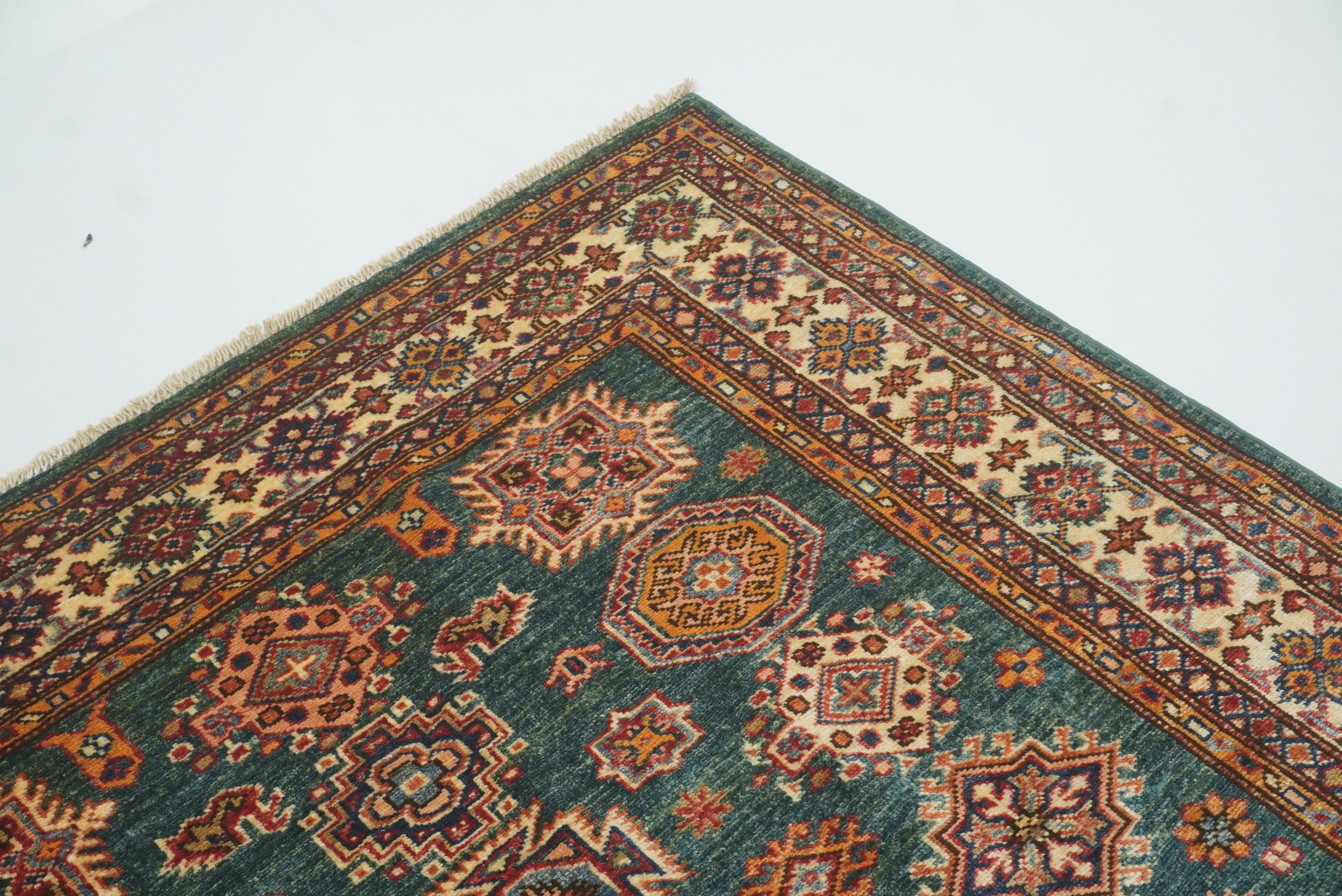 4x6 Green Kazak Hand Knotted Afghan Rug - Yildiz Rugs