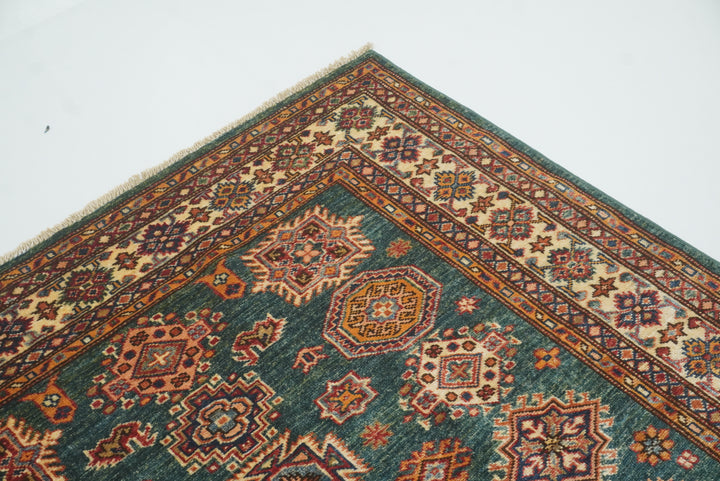 4x6 Green Kazak Hand Knotted Afghan Rug - Yildiz Rugs