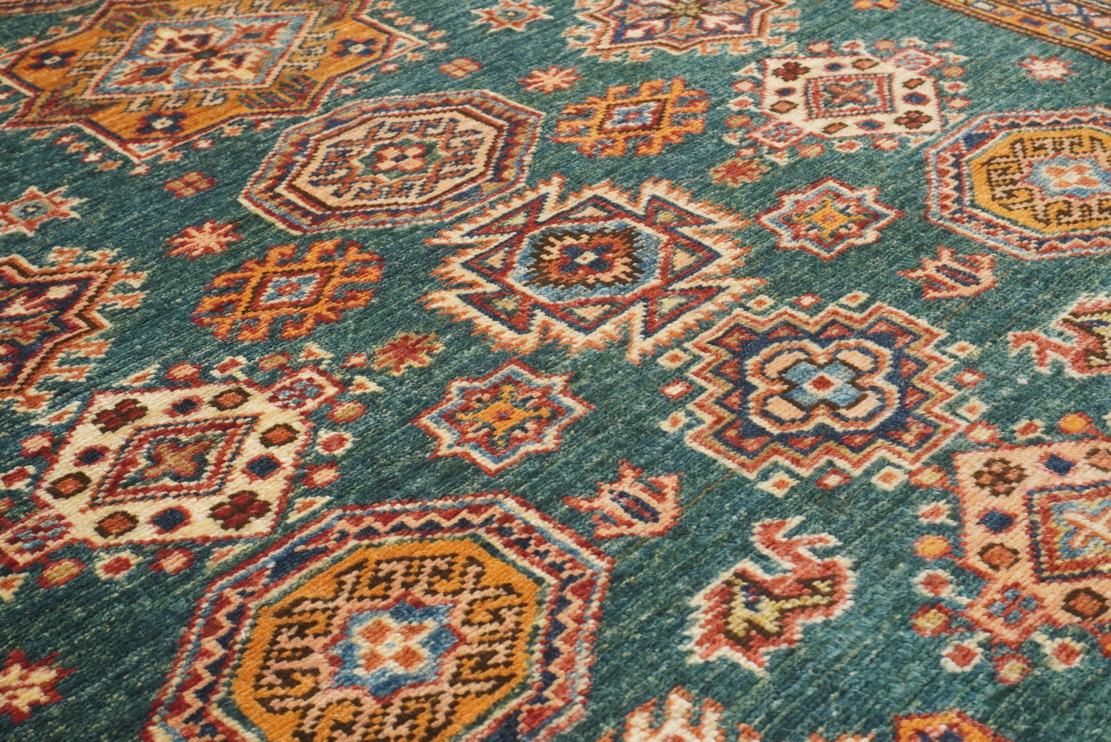 4x6 Green Kazak Hand Knotted Afghan Rug - Yildiz Rugs