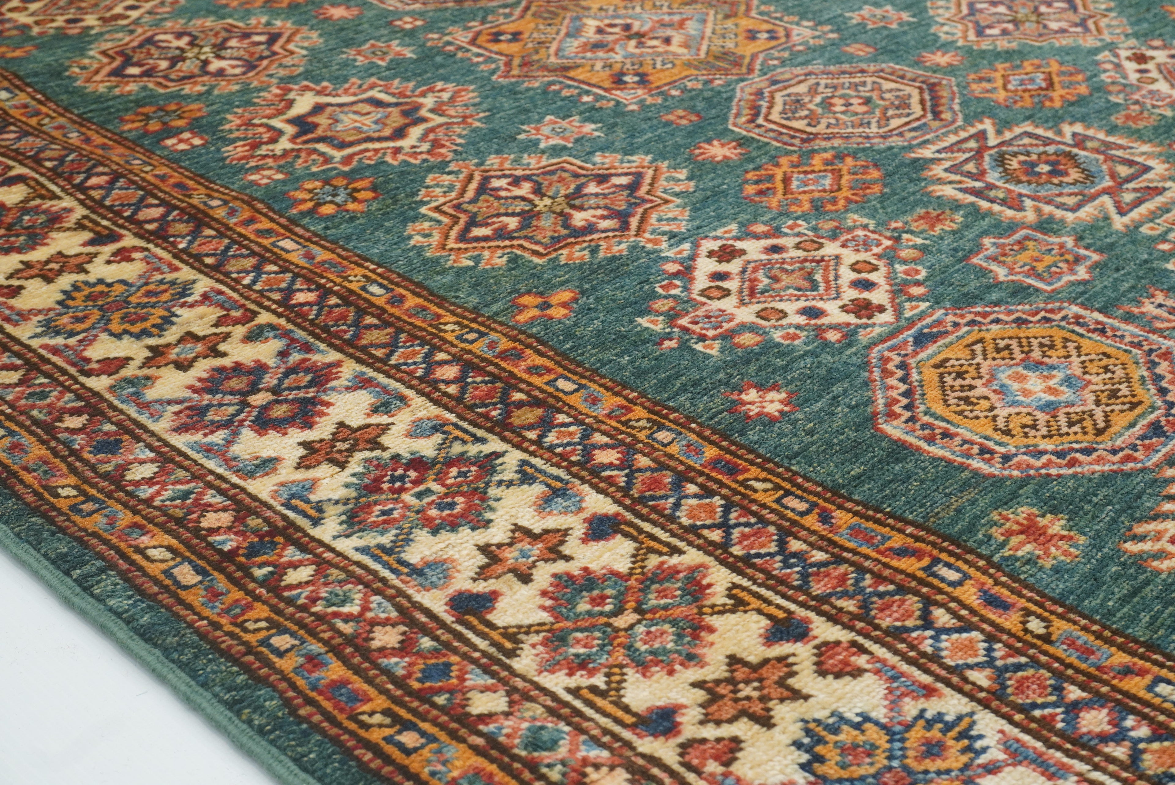 4x6 Green Kazak Hand Knotted Afghan Rug - Yildiz Rugs