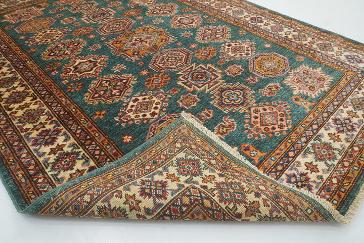 4x6 Green Kazak Hand Knotted Afghan Rug - Yildiz Rugs