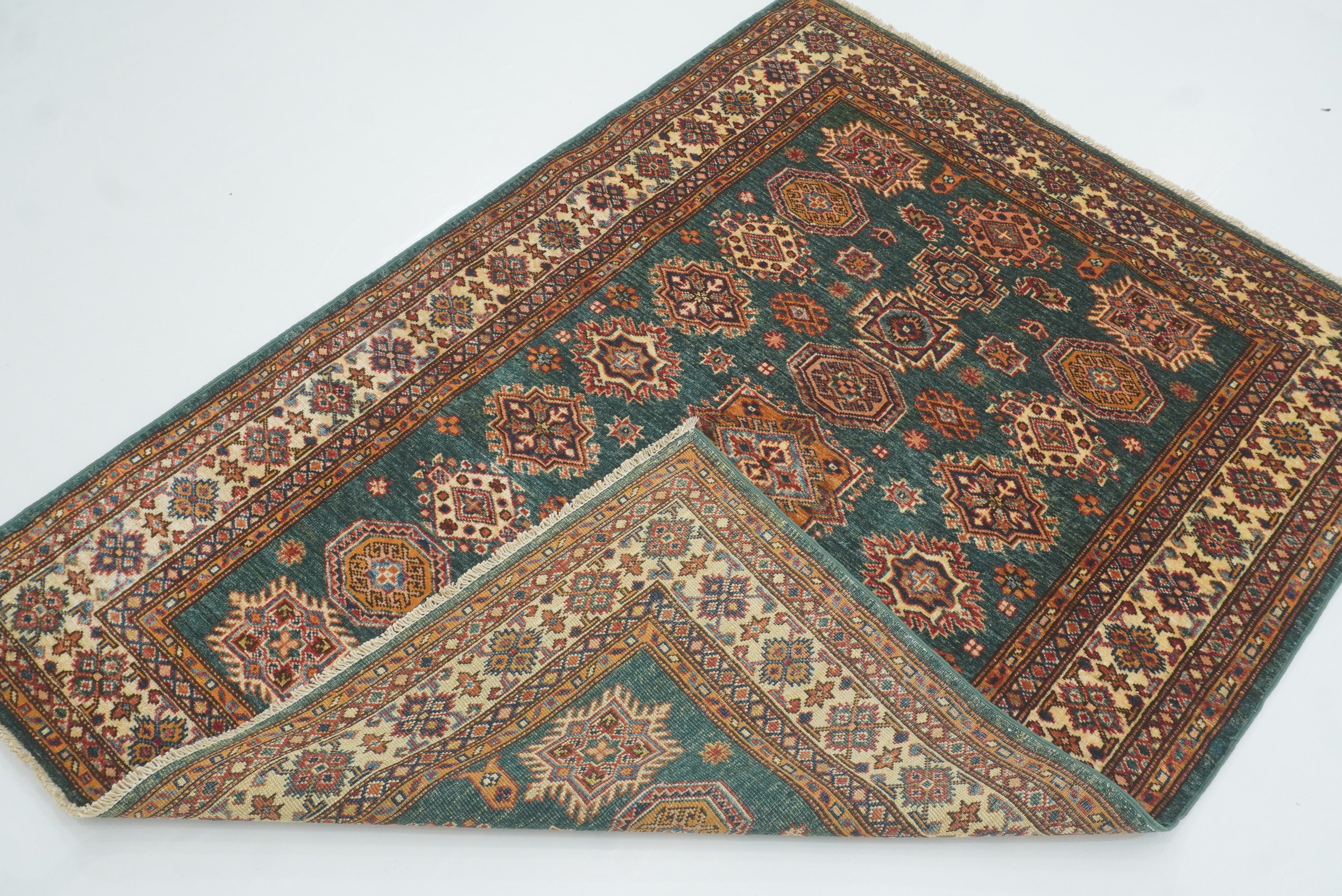 4x6 Green Kazak Hand Knotted Afghan Rug - Yildiz Rugs