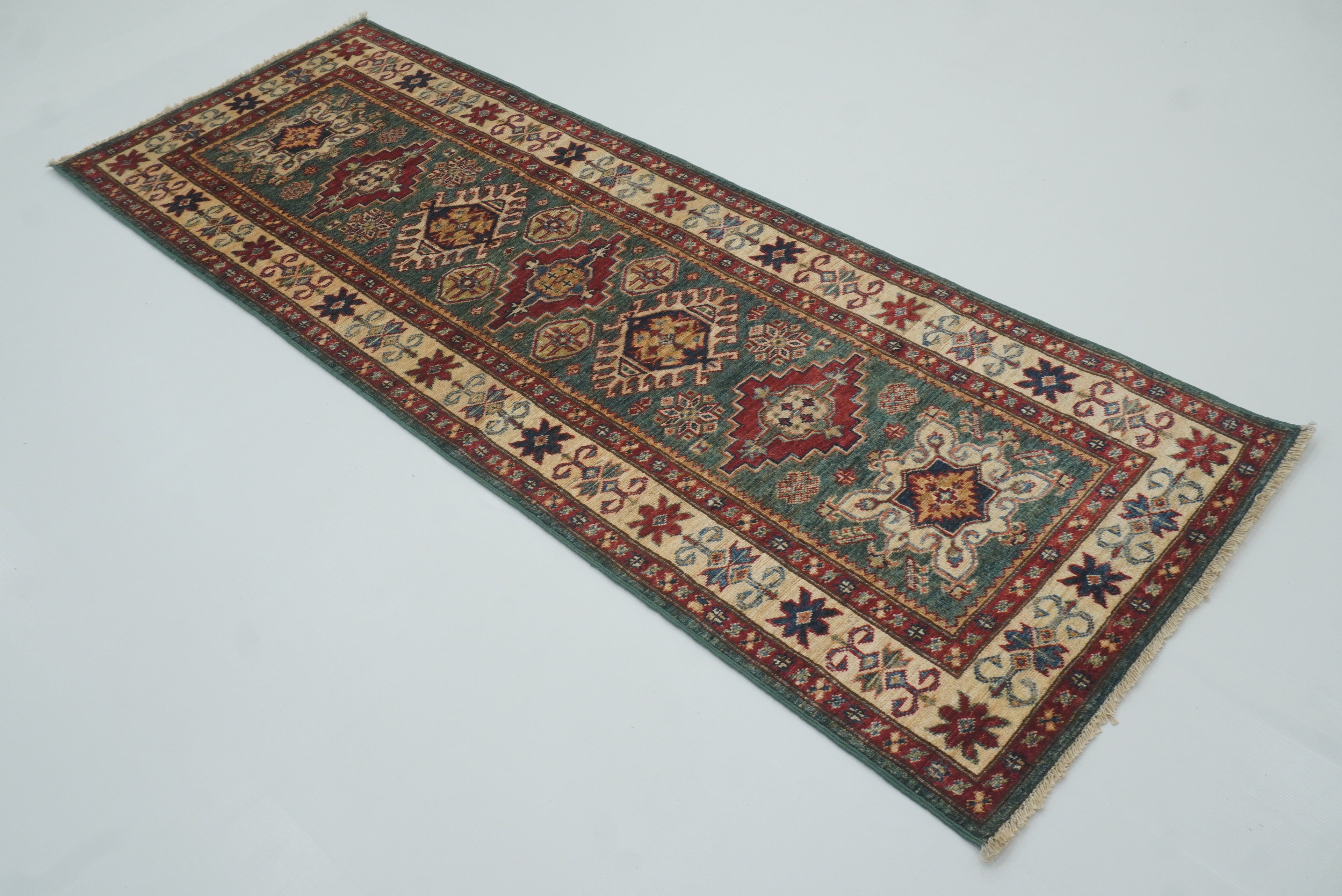 7 ft Kazak Green Afghan Hand Knotted Runner Rug - Yildiz Rugs