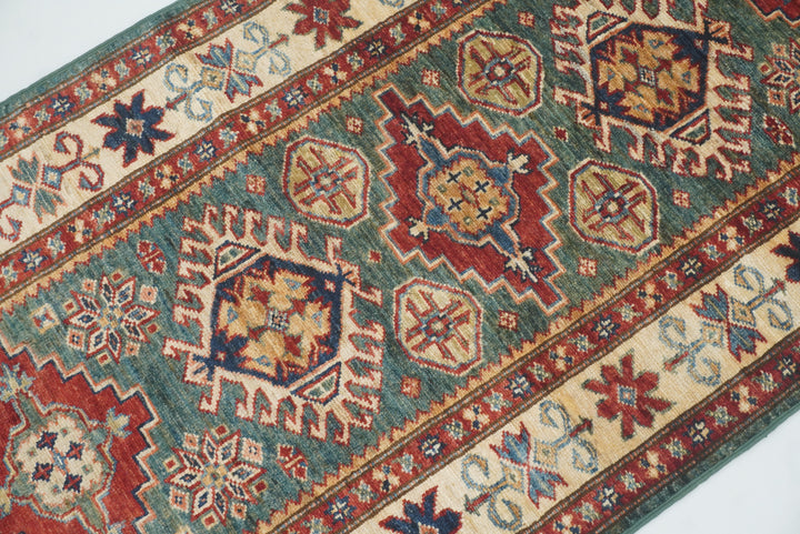7 ft Kazak Green Afghan Hand Knotted Runner Rug - Yildiz Rugs