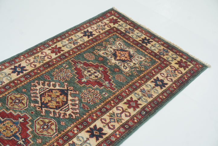 7 ft Kazak Green Afghan Hand Knotted Runner Rug - Yildiz Rugs