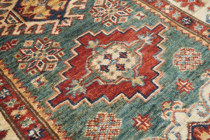 7 ft Kazak Green Afghan Hand Knotted Runner Rug - Yildiz Rugs