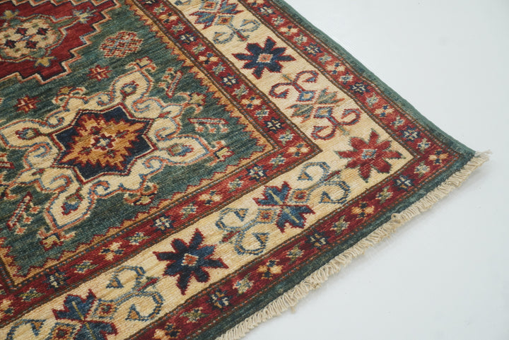 7 ft Kazak Green Afghan Hand Knotted Runner Rug - Yildiz Rugs
