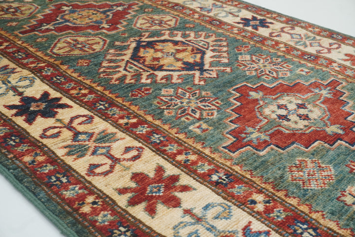 7 ft Kazak Green Afghan Hand Knotted Runner Rug - Yildiz Rugs