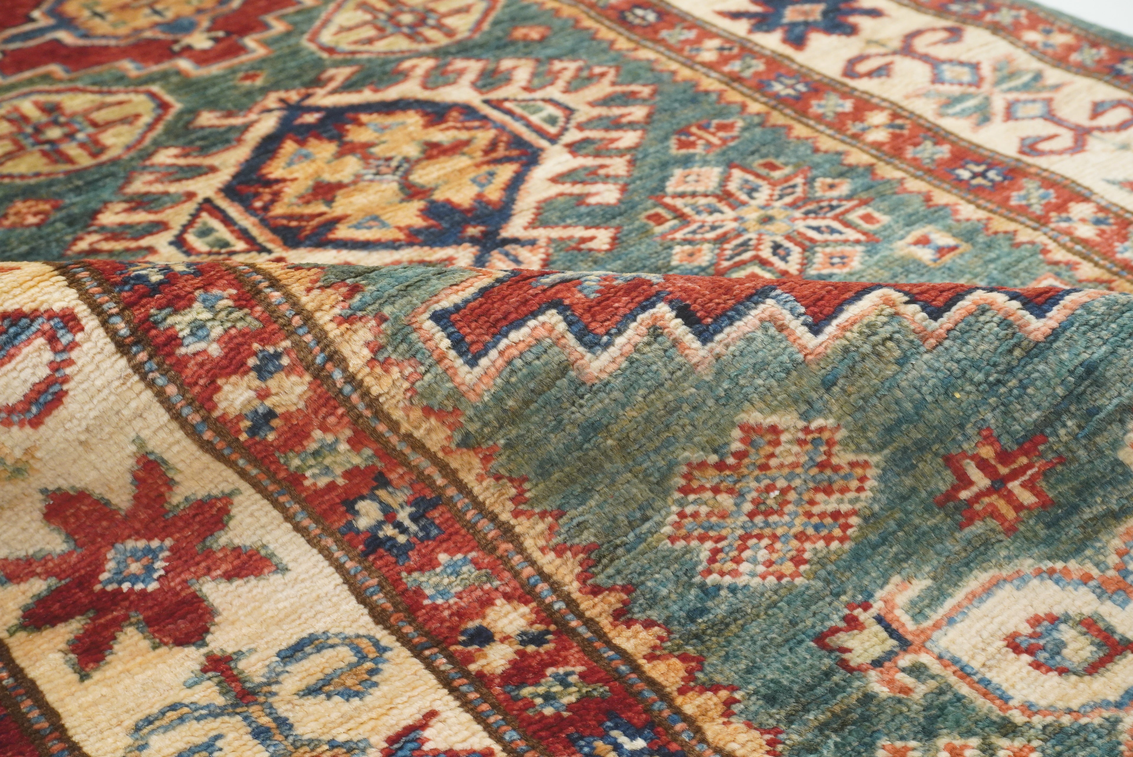7 ft Kazak Green Afghan Hand Knotted Runner Rug - Yildiz Rugs