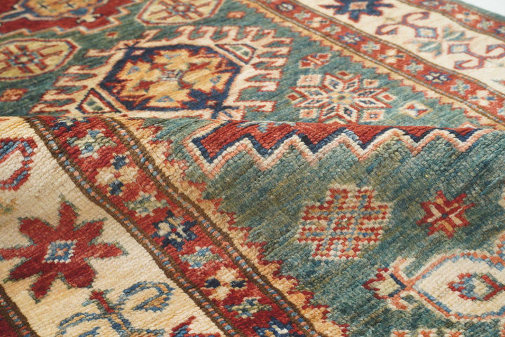 7 ft Kazak Green Afghan Hand Knotted Runner Rug - Yildiz Rugs