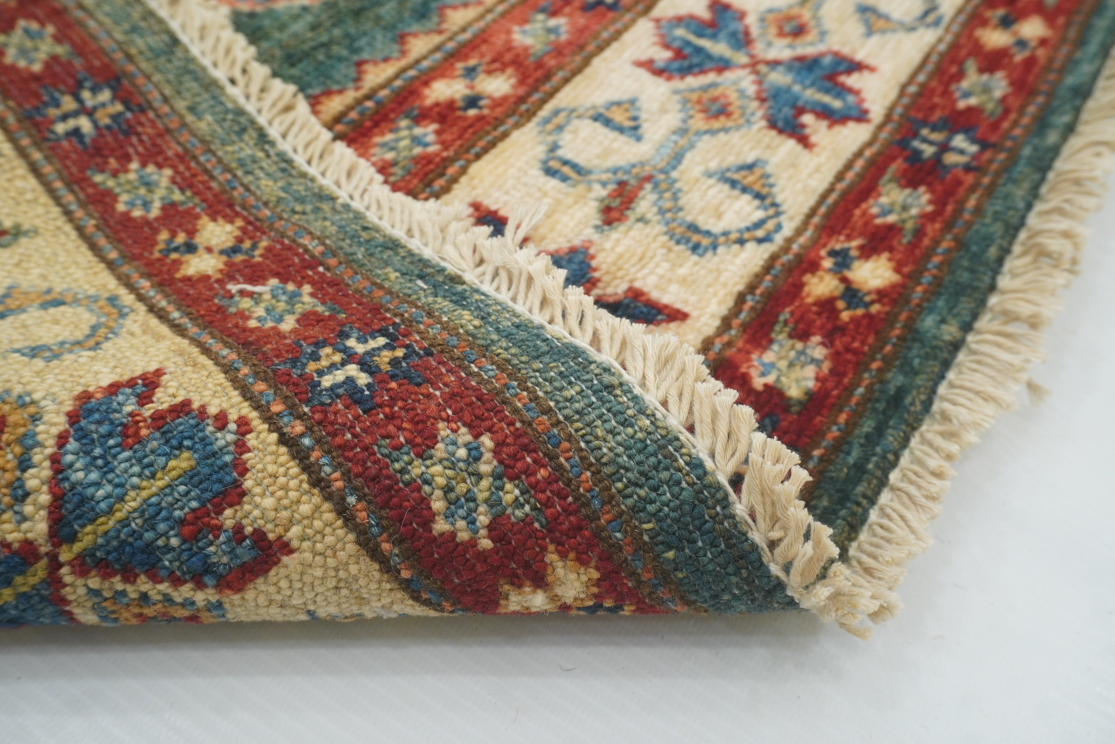 7 ft Kazak Green Afghan Hand Knotted Runner Rug - Yildiz Rugs