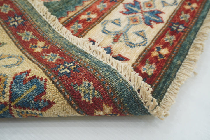 7 ft Kazak Green Afghan Hand Knotted Runner Rug - Yildiz Rugs