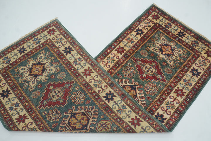 7 ft Kazak Green Afghan Hand Knotted Runner Rug - Yildiz Rugs