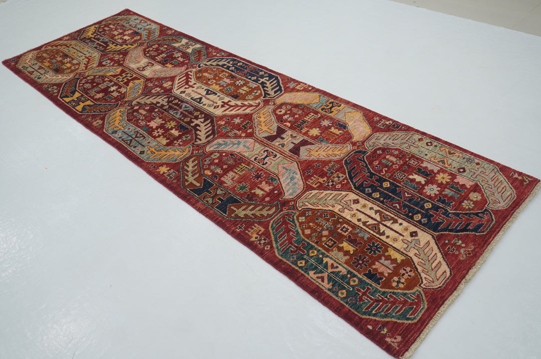 10 ft Red Baluch Tribal Afghan Hand knotted Runner Rug