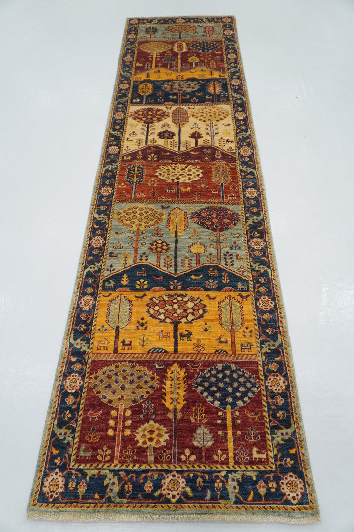 10 ft Blue Landscape Gabbeh Tree of life Afghan Hand knotted Runner Rug - Yildiz Rugs