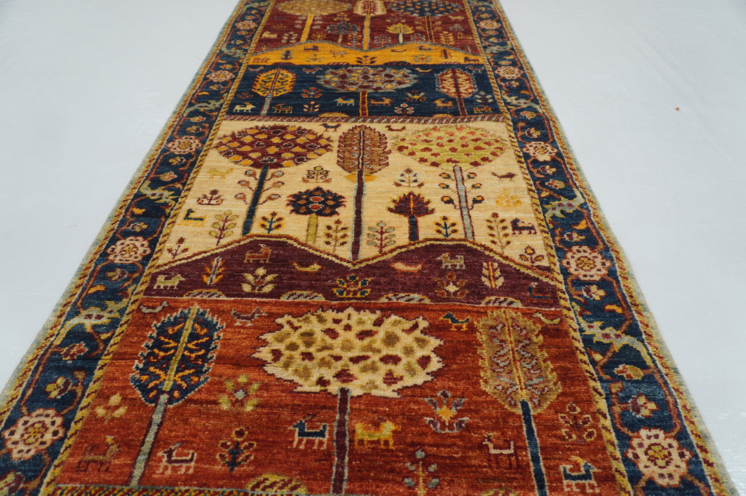 10 ft Blue Landscape Gabbeh Tree of life Afghan Hand knotted Runner Rug - Yildiz Rugs