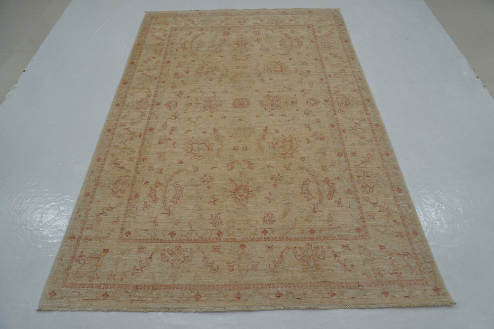 6x8 Beige Vintage Turkish Hand knotted Chobi Oushak Rug - Yildiz Rugs