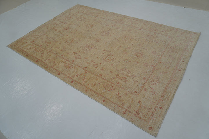 6x8 Beige Vintage Turkish Hand knotted Chobi Oushak Rug - Yildiz Rugs