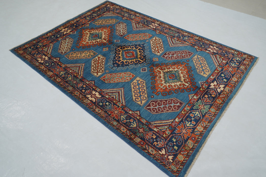 5x7 Navy Blue Kazak Afghan Hand knotted Geometric Oriental Rug