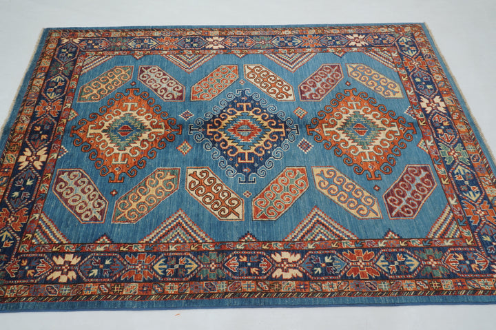 5x7 Navy Blue Kazak Afghan Hand knotted Geometric Oriental Rug