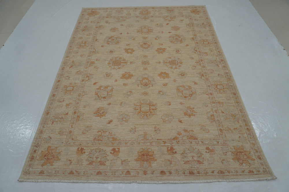 6x8 Beige Vintage Turkish Hand knotted Chobi Oushak Rug - Yildiz Rugs