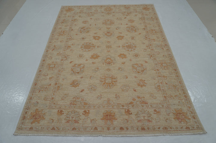 6x8 Beige Vintage Turkish Hand knotted Chobi Oushak Rug - Yildiz Rugs