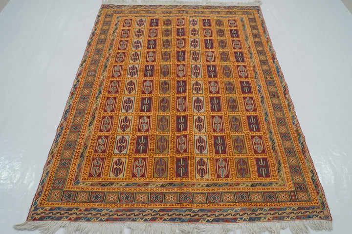 5x7 Vintage Barjesta Kilim Gold Afghan High Low Hand Knotted / Woven Rug