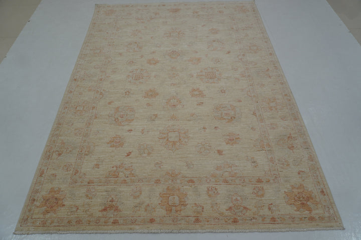 6x8 Beige Vintage Turkish Hand knotted Chobi Oushak Rug - Yildiz Rugs