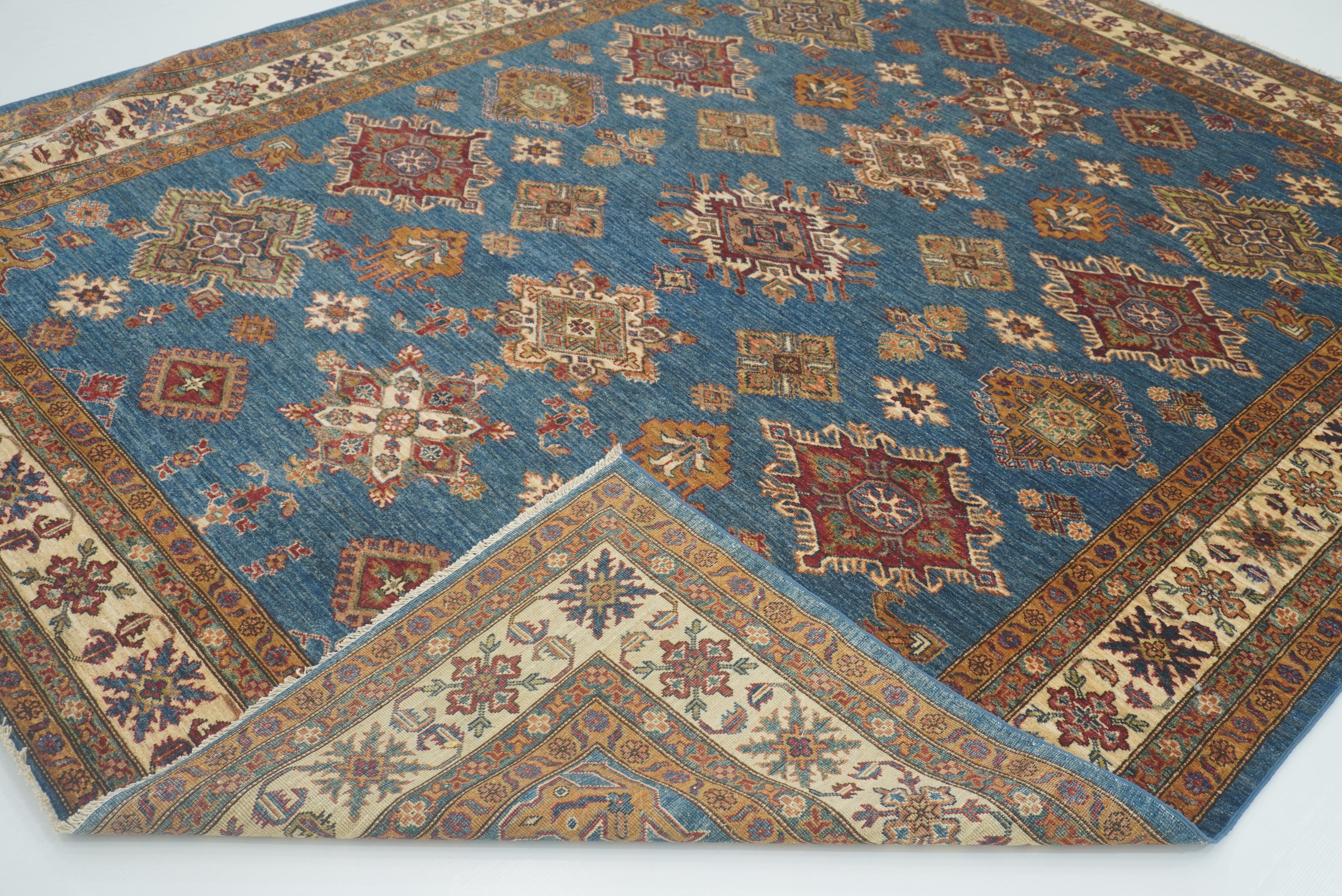 8x10 Blue Kazak Afghan Hand-Knotted Oriental Rug - Yildiz Rugs