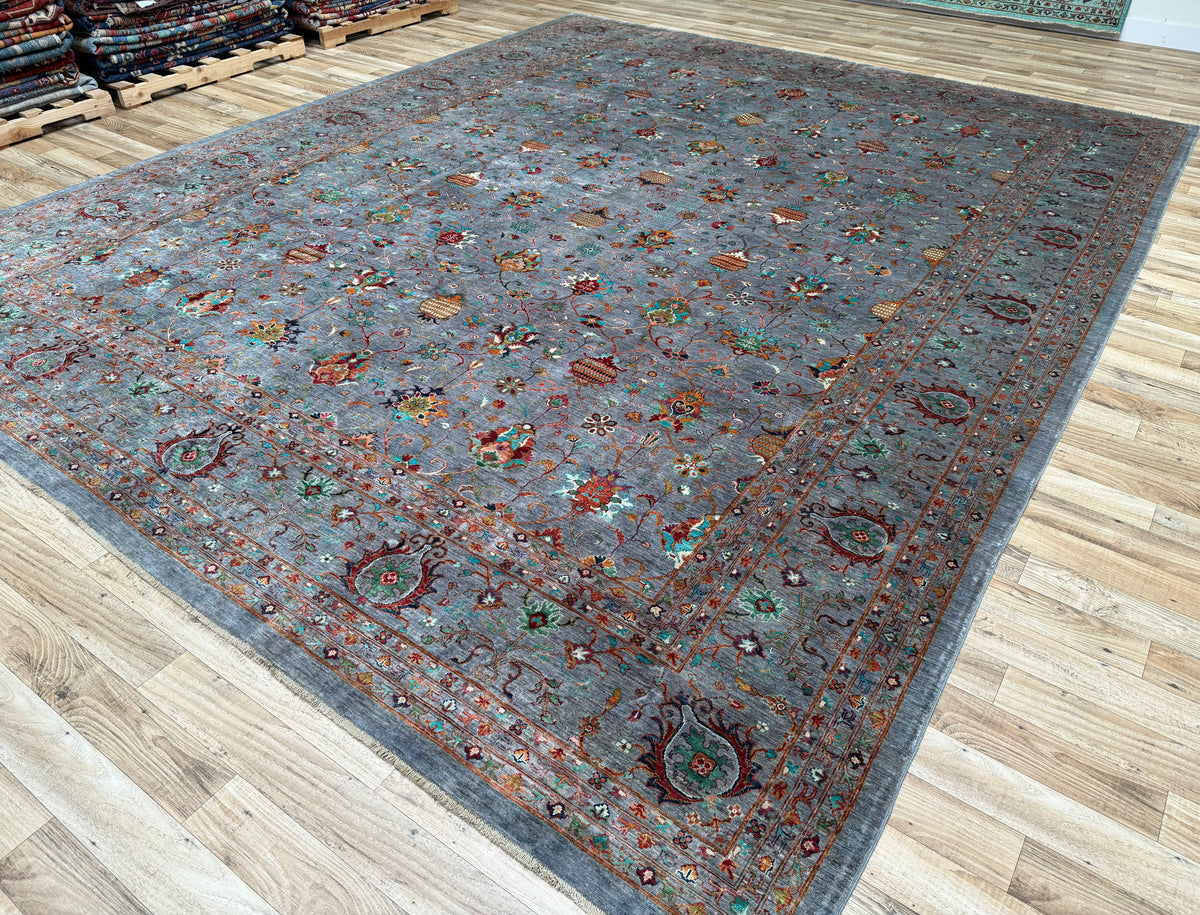 13x16 Blueish Gray Waziri Afghan Hand-Knotted Wool Oversize Rug - Yildiz Rugs