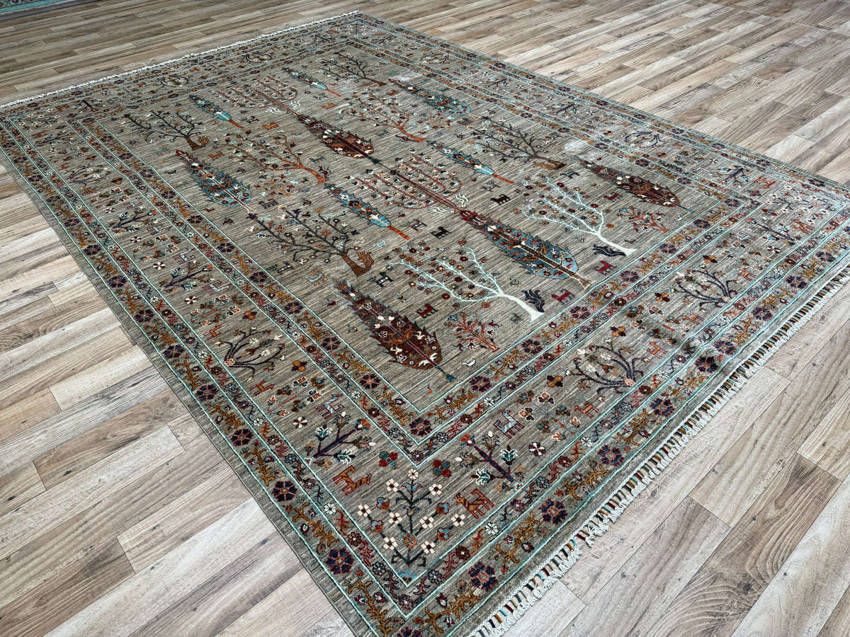 9x12 Taupe Gray Gabbeh Afghan Hand-Knotted Wool Tree of life Rug - Yildiz Rugs