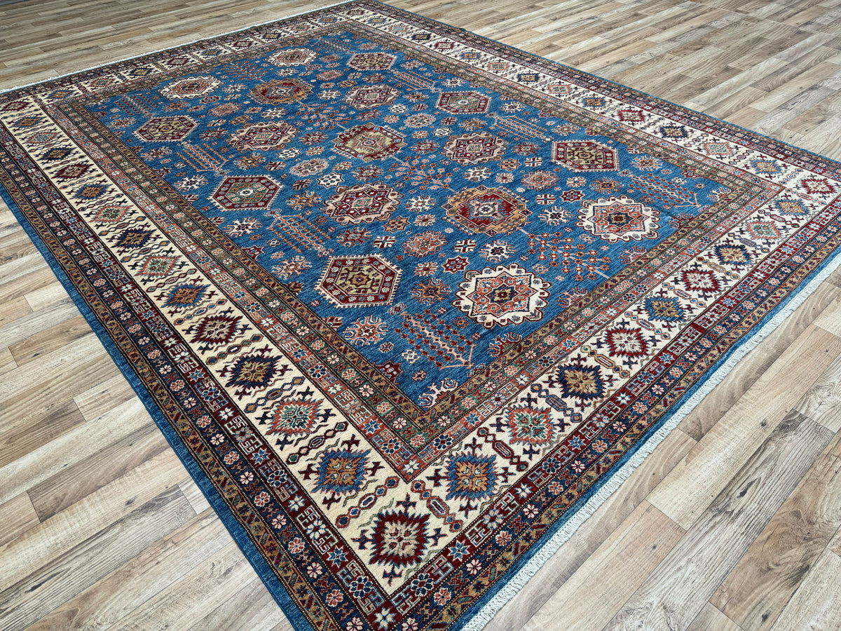 10x13 Blue Kazak Afghan Hand-Knotted Wool Oriental Rug - Yildiz Rugs
