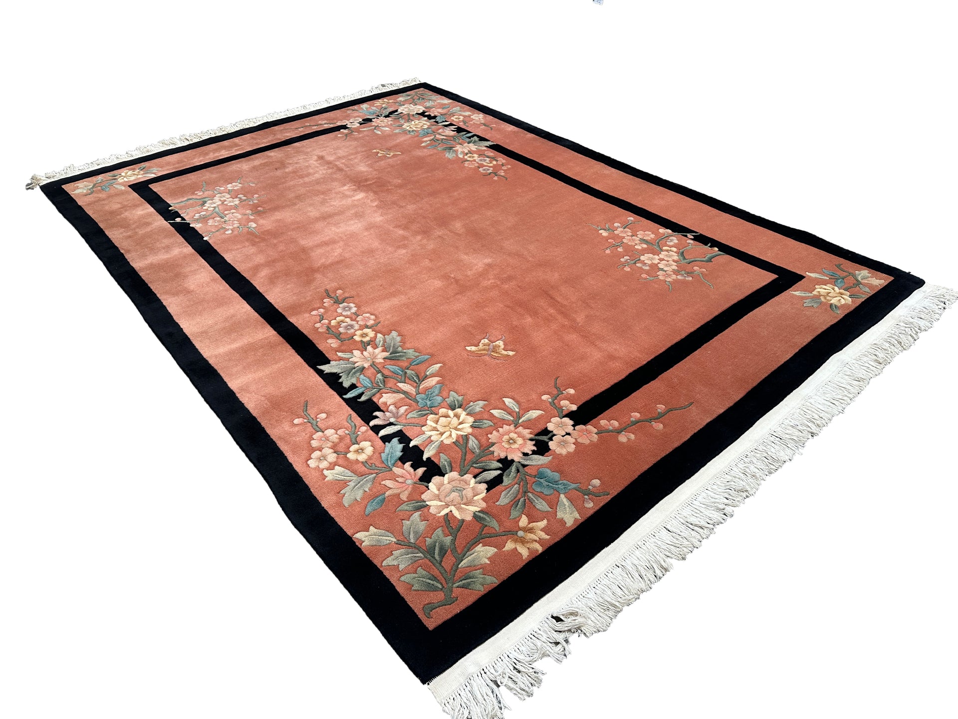 8x11 Coral Salmon Vintage 1970s Hand-Knotted Chinese Art Deco Rug - Yildiz Rugs